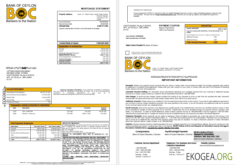 Relevé hypothécaire de la Sri Lanka Bank of Ceylan aux formats Word et PDF 1 , 2